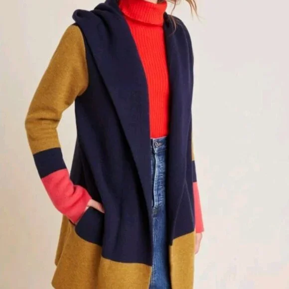 Anthropologie Field Flower Colorblock Wool Sweater Long Cardigan Coat Size Small - Picture 12 of 12